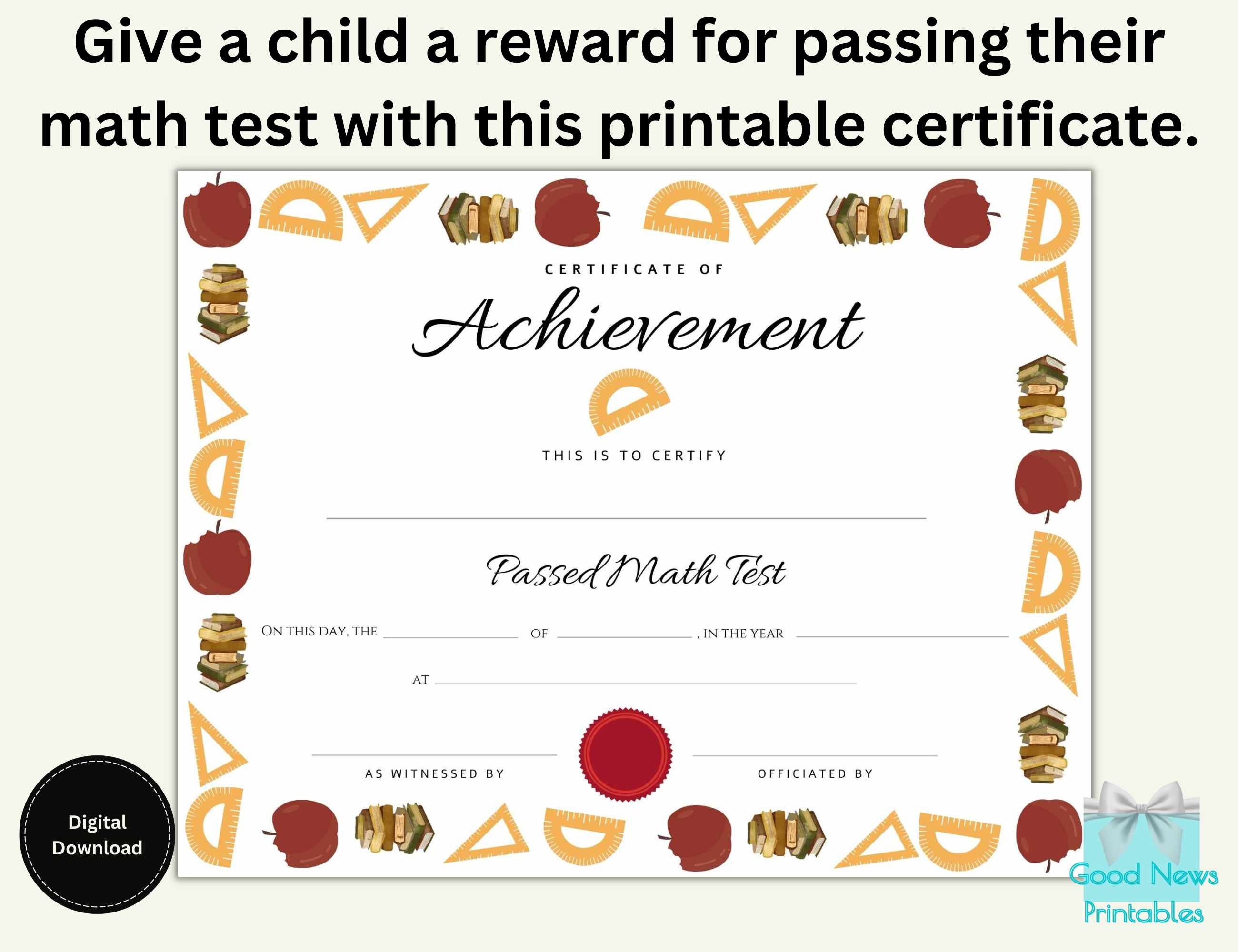 Printable Certificate of Math Achievement, US Letter Size - Etsy