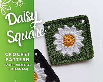 Daisy Granny Square Pattern Easy To Follow Granny Square Video Tutorial Crochet Pattern + Crochet Diagram, Flower Square for Blanket, Afghan