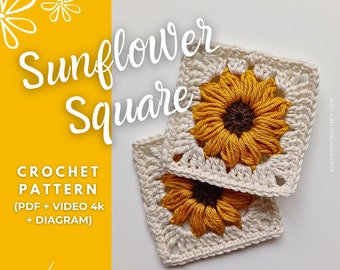 Sunflower Square Crochet Pattern Sunflower Granny Square Pattern Crochet Tutorial Crochet Sunflower Video Granny Square Pattern Diagram, PDF