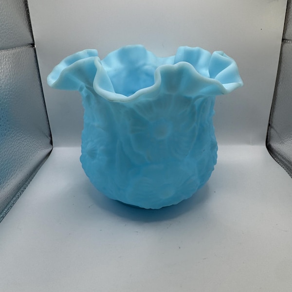 Fenton Blue Satin Glass Poppy Ruffled Vase