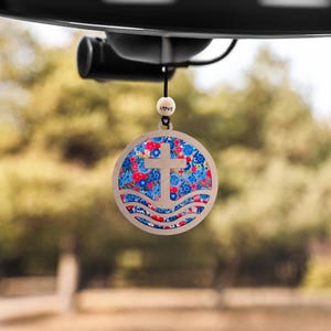 Americana Christian Car Charm | Cross, Jesus, or Fish Design | Red White & Blue Floral | Rearview Mirror Gift | Hadmade Gift for Her
