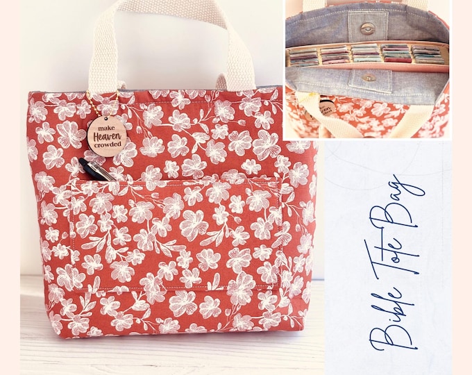 Bible Tote Bag with Pocket and Magnetic Snap, Floral Church Bag, Christian Gift for Women, Bible Study Bag, Cute Scripture Tote