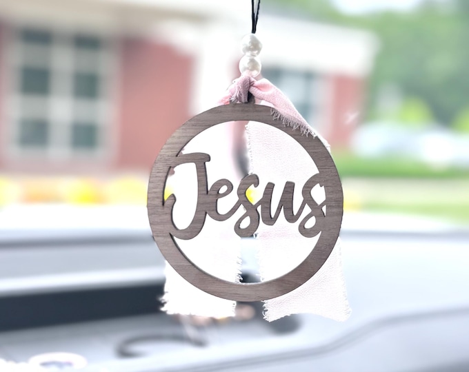 Rustic Jesus Car Charm | Handmade Wooden Rearview Mirror Ornament