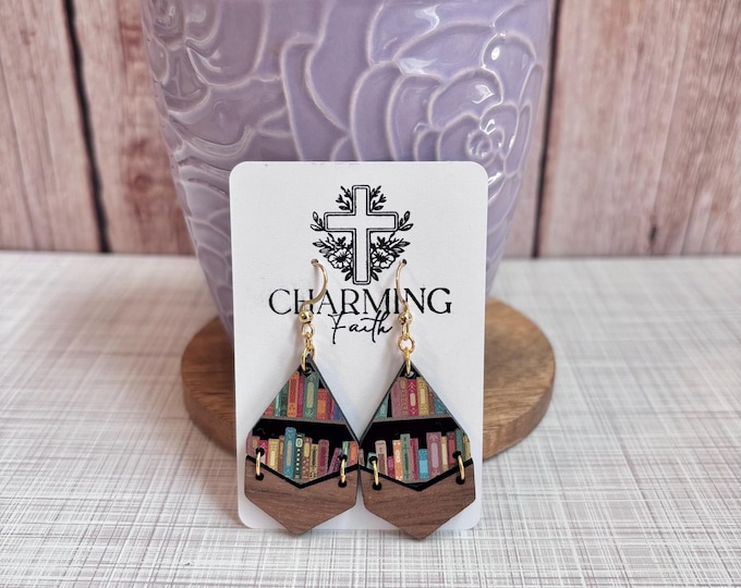 Handmade Wooden Book Earrings: Teacher Librarian Gift