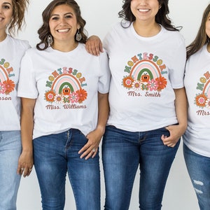 Custom Retro Flower Montessori School Teacher Name Shirt, Personalized Groovy Rainbow Montessori School Teacher Appreciation Gifts