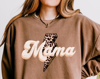 Moletom Comfort Colors® Mama Lightning Bolt, moletom retrô com estampa de leopardo dos anos 90 para mamãe, presente para o dia das mães, moletom Mom Life, presente para a mamãe