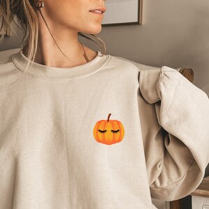 Peut inclure: Un sweat-shirt beige avec un motif de citrouille sur le devant. La citrouille a des cils et est orange avec une tige verte.