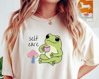 Comfort Colors® Self Care Frog T-Shirt, Funny Frog Shirt, Cottagecore Frog Mushroom Tee, Mental Health Matters, Sarcastic Anxiety Shirt