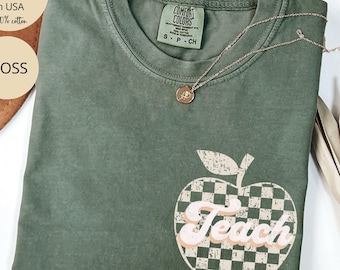 Checkered Teacher Apple Shirt Comfort Colors®, Retro Apple Teacher Shirt, Gift for Teacher, Back to School Gift, Teacher Appreciation Shirt