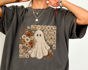 T-shirt Mahjong Halloween, T-shirt Mahjong Fantôme Couleurs Confortables, T-shirt Soirée Mahjong Effrayante, Cadeau Halloween pour les Amateurs de Mahjong, T-shirt Mahjong Amusant