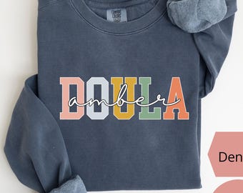 Personalized Doula Sweatshirt Comfort Colors®, Custom Doula Gift, Retro Doula Shirts, Doula Name Sweatshirt, Midwife Student, Doula Birthday