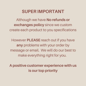 Peut inclure: Texte sur un fond beige qui lit "SUPER IMPORTANT" suivi d'un message concernant la politique de non-remboursement ou d'&eacute;change de la boutique. Le texte se poursuit avec un message concernant la possibilit&eacute; de contacter la boutique en cas de probl&egrave;me avec une commande. Le texte se termine par la phrase "Une exp&eacute;rience client positive avec nous est notre priorit&eacute; absolue."
