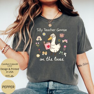 Pode incluir: Uma camiseta cinza escura com um ganso de desenho animado usando &oacute;culos e segurando um livro. O texto "Silly Teacher Goose on the loose" est&aacute; impresso na camiseta.
