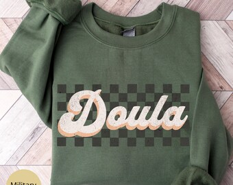 Checkered Doula Sweatshirt, Retro Doula Sweatshirt, Gift for Doula, Midwife Student, Postpartum Doula Sweater, Birth Doula Sweatshirt