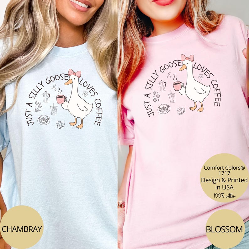 Puede incluir: Camisetas celeste y rosa con un dise&ntilde;o de un ganso sosteniendo una taza de caf&eacute;, rodeado de iconos relacionados con el caf&eacute;. El texto dice "Just a Silly Goose Loves Coffee". Las camisetas est&aacute;n etiquetadas como "Chambray" y "Blossom".