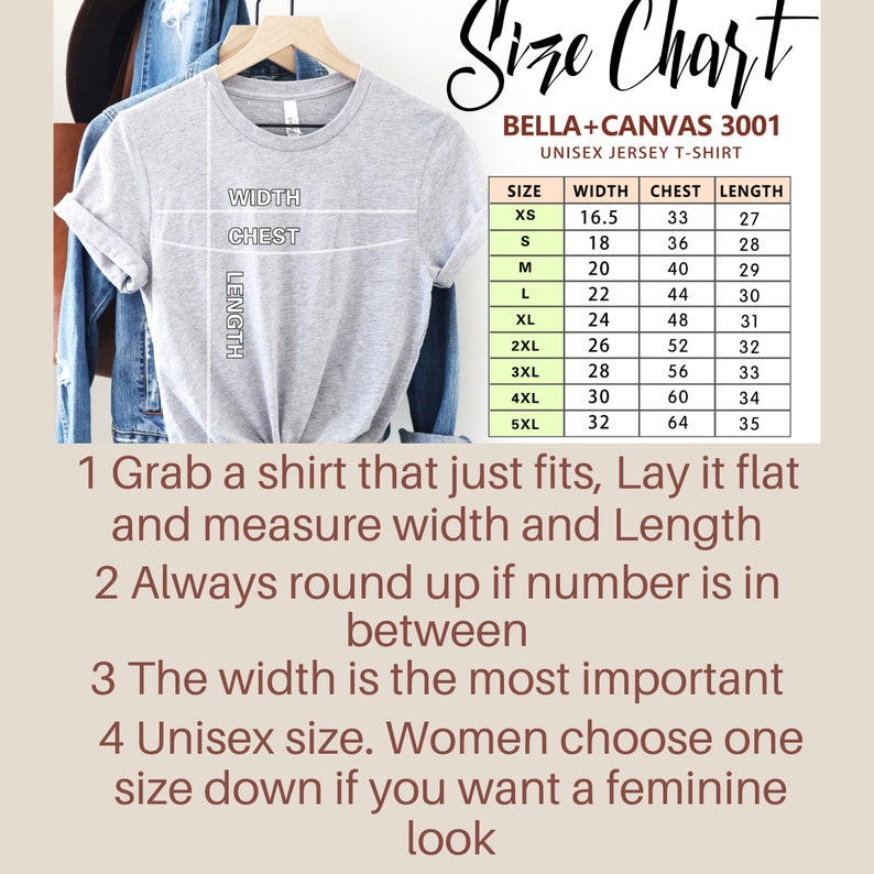 Peut inclure: Un tableau des tailles pour les t-shirts en jersey unisexe Bella + Canvas 3001. Le tableau indique les mesures de largeur, de poitrine et de longueur en pouces pour les tailles XS &agrave; 5XL.