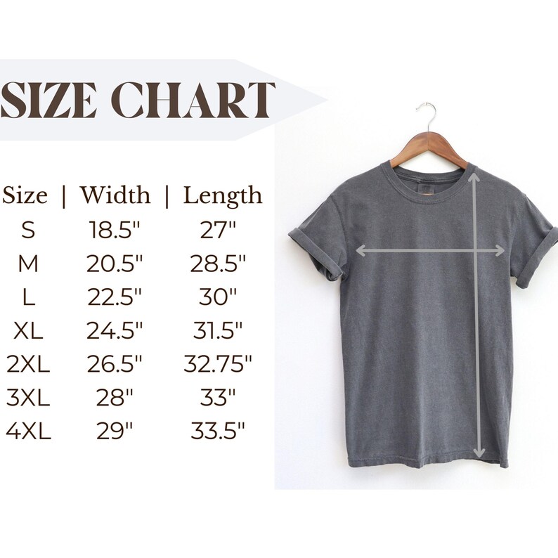 May include: Size chart for a t-shirt with measurements in inches. The chart shows the width and length of the shirt in sizes S, M, L, XL, 2XL, 3XL, and 4XL.