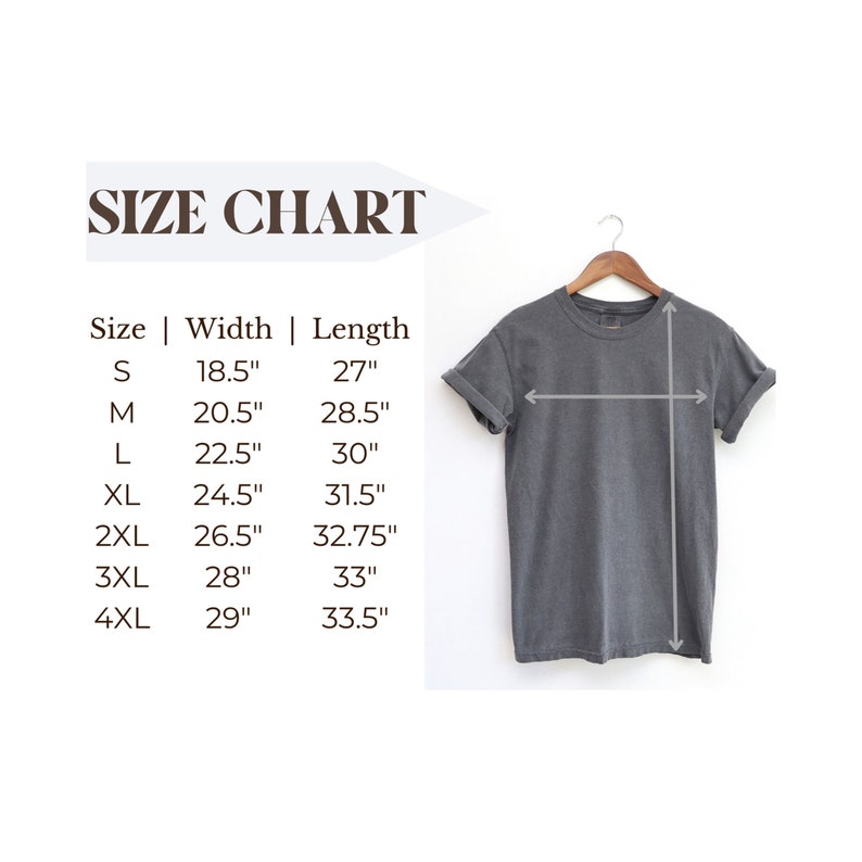 May include: Size chart for a t-shirt with measurements in inches. The chart shows the width and length of the shirt in sizes S, M, L, XL, 2XL, 3XL, and 4XL.