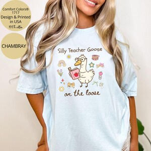Pode incluir: Camiseta azul claro com um ganso de desenho animado usando &oacute;culos e segurando um livro. O texto "Silly Teacher Goose on the loose" est&aacute; impresso na camiseta.