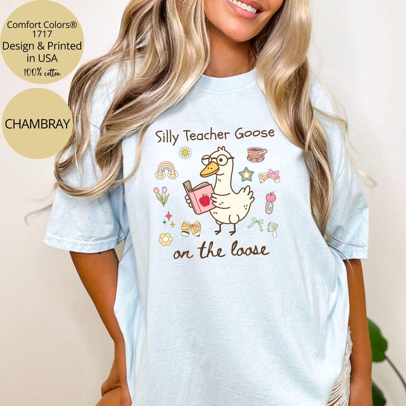 Pode incluir: Camiseta azul claro com um ganso de desenho animado usando &oacute;culos e segurando um livro. O texto "Silly Teacher Goose on the loose" est&aacute; impresso na camiseta.