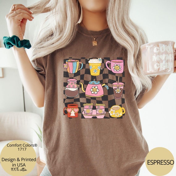 Comfort Colors® Retro Coffee Shirt, Groovy Checkered Coffee Shirt, Gift for Coffee Lovers, Graphic Coffee Tshirt, Coffee Weather Shirt