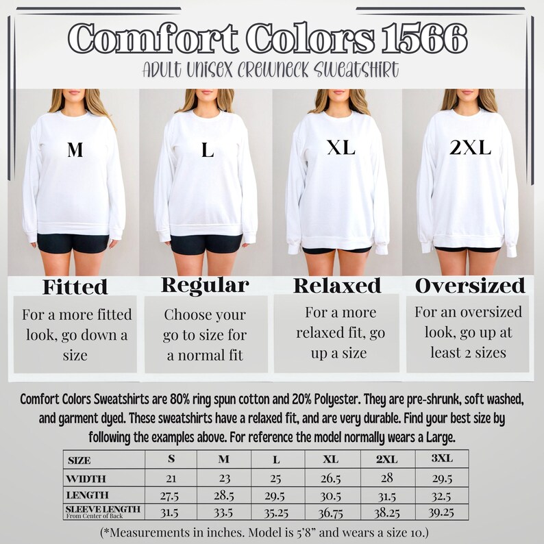 K&ouml;nnte beinhalten: Wei&szlig;es Comfort Colors Unisex-Crewneck-Sweatshirt mit den Gr&ouml;&szlig;en M, L, XL und 2XL. Das Bild enth&auml;lt Gr&ouml;&szlig;eninformationen, einschlie&szlig;lich Breite, L&auml;nge und &Auml;rmell&auml;nge in Zoll. Der Text lautet "Comfort Colors 1566 ADULT UNISEX CREWNECK SWEATSHIRT."