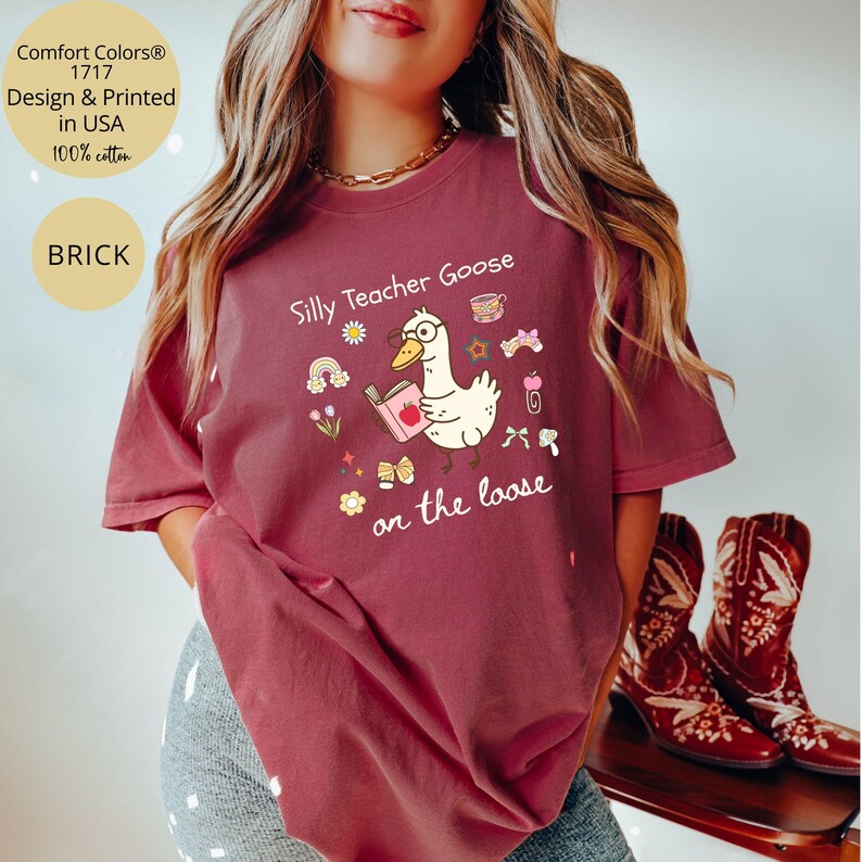 Pode incluir: Uma camiseta marrom-avermelhada com uma ilustra&ccedil;&atilde;o de um ganso branco e o texto "Silly Teacher Goose on the loose".