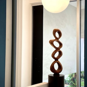 Mid-Century Wood Sculpture on Stand: Minimalist Rustic Decor