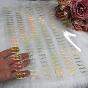 May include: Holographic name stickers in various colors, featuring names like Sherlin, Daisy, and Tiffany, with heart accents. The stickers are on a clear sheet, ideal for personalizing items.