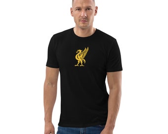 May include: A black t-shirt featuring a gold Liverpool Football Club crest.