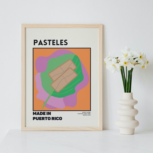 Food Poster, Puerto Rico, Pasteles Printable Wall Art - Digital Download, Colorful, Retro Food Print