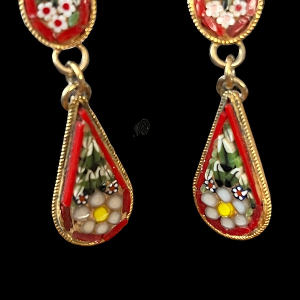 Vintage Italian 1960’s Micro Mosaic Clip Back Drop Earrings