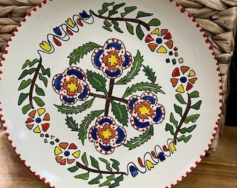 Vintage Folk Art Enamel Hand Painted Plate