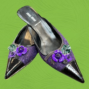 Miu Miu Purple Wool Tweed and Patent  Leather Kitten Heel Slides With Rosettes - 36.5  Prada