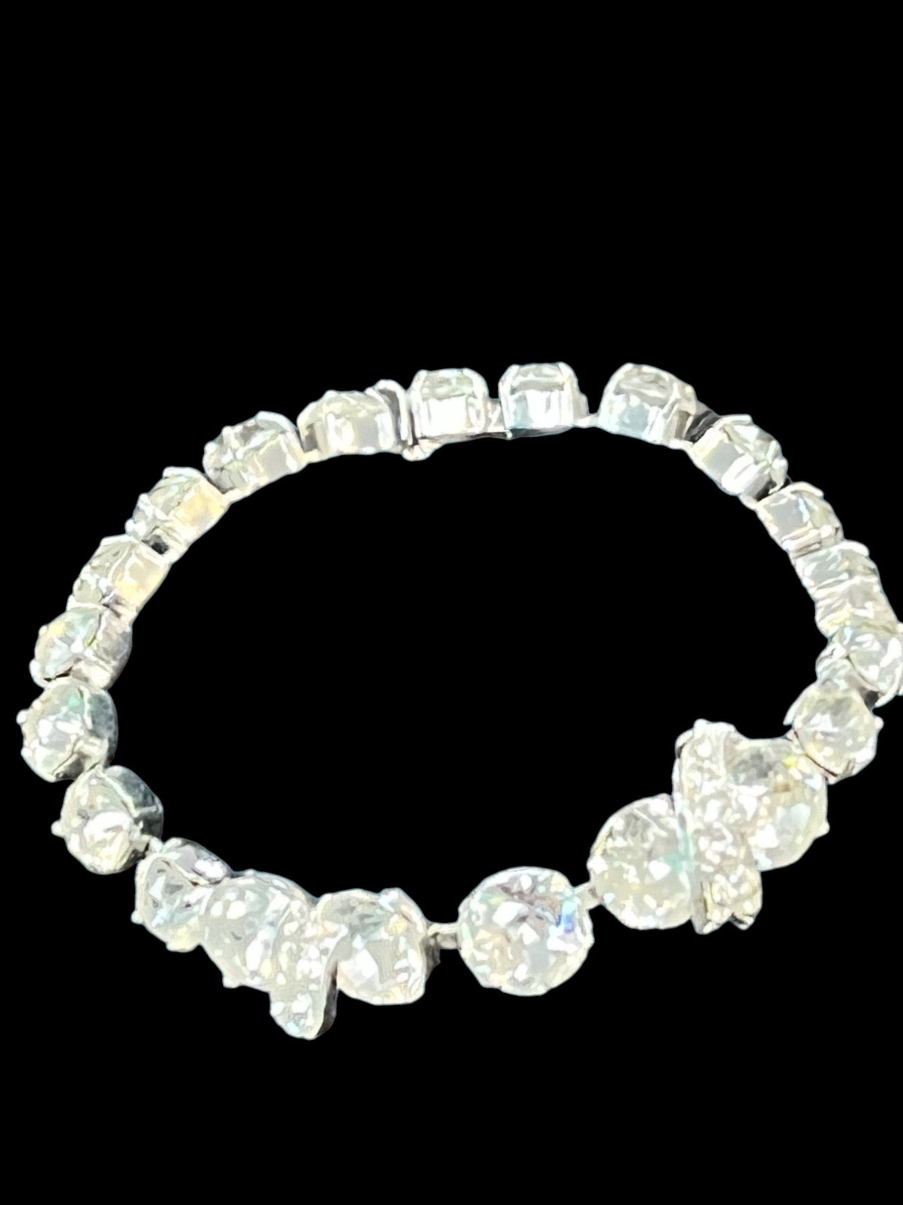 Vintage 1950s Signed Eisenberg Clear Ice Rhinestone with Pave Ribbons Tennis Bracelet
