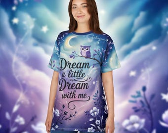Dreamy Owl Unisex Tee - Whimsical Night Sky Shirt, All Over Print,AOP T-shirt Magical T-Shirt for Sleep Lovers, Owl Shirt, Starry Dreams