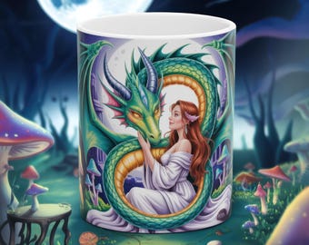 Enchanting Dragon & Mushroom Ceramic Mug, Fantasy Coffee Cup, Gift for Fantasy Lovers, Dragon Art Mug, Creative Home Decor
