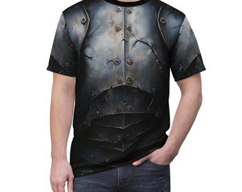 Ritter Rüstung Unisex T-Shirt, Mittelalterliches Ritter T-Shirt, Rüstungs-Print-Shirt, Tapferer Ritter T-Shirt, Fantasy Ritter-Oberteil, All Over Print Rüstungs-T-Shirt, AOP-T-Shirt