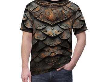 Dragon Scale AOP Tee, Bold Fantasy Armor Shirt, Unisex All Over Print T-Shirt for Gamers, Cosplay, Festivals, and Fantasy Fans