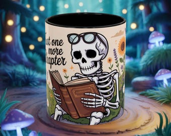 Just One More Chapter Reading Skeleton Coffee Mug | Fun Gift for Book Lovers | Halloween Decor, Perfect for Readers, Cute Coffee Cup