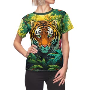 Colorful Tiger Jungle Women&#39;s T-Shirt - Vibrant All Over Print Tee, Artistic Wildlife Graphic, Bold Big Cat Shirt, Nature Lover Gift,