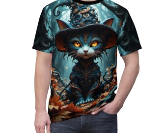 Halloween Witch Cat T-Shirt: Unisex All Over Print Costume Tee