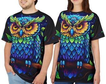 Colorful Owl Unisex AOP Tee - All Over Print Vibrant Bird Graphic T-Shirt for Men and Women, Nature Lover Apparel, Cute Animal Shirt,