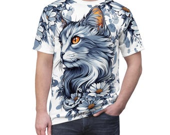 Blue Floral Cat T-Shirt: Artistic Botanical Print Unisex Tee
