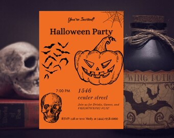 BEWERKBARE uitnodiging voor Halloween-feest | Afdrukbare Halloween-uitnodigingssjabloon | Aangepaste Halloween-kaart
