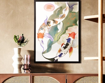 May include: Framed watercolor print featuring three koi fish in shades of orange, white, black, and blue, swimming in a pond with green and purple accents. The artwork is displayed on a wall above a cabinet with a vase and decorative glass.