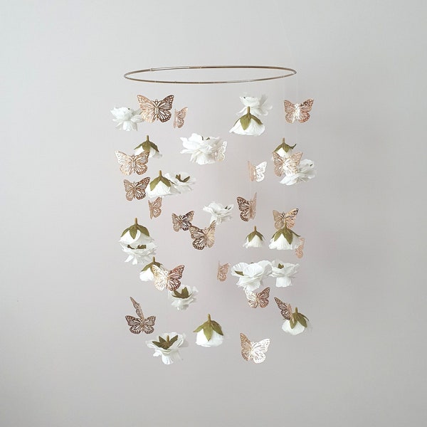 Flower and Butterfly Mobile, Baby Mobile Girl, White Flower Mobile, Crib Mobile Girl, Flower Baby Mobile, Cot Mobile Flowers, Gold Butterfly