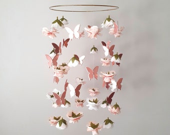 Mobile fleurs et papillons, Mobile pour bébé fille, Mobile pour berceaux papillon, Mobile pour bébé en or rose, Mobile fleurs, Mobile floral pour chambre de bébé