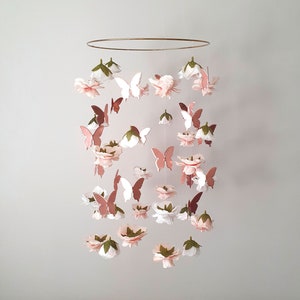 Flower and Butterfly Mobile, Baby Girl Mobile for Crib, Butterfly Crib Mobile, Rose Gold Baby Mobile, Flower Mobile, Floral Nursery Mobile