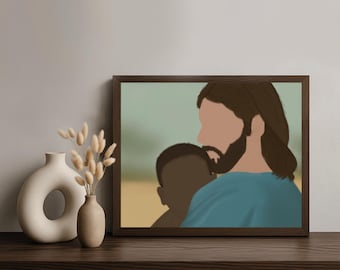 Faceless Jesus Christ and Baby: Minimalist Colored Wall Art Digital Download